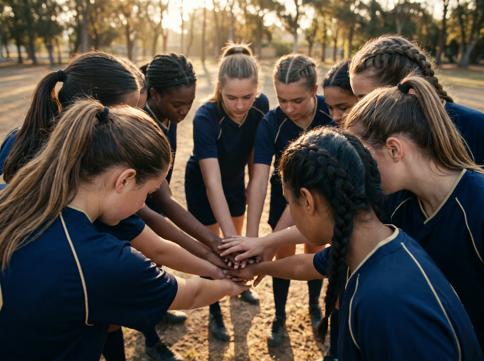 Team huddle of girl athletes with hands stacked together